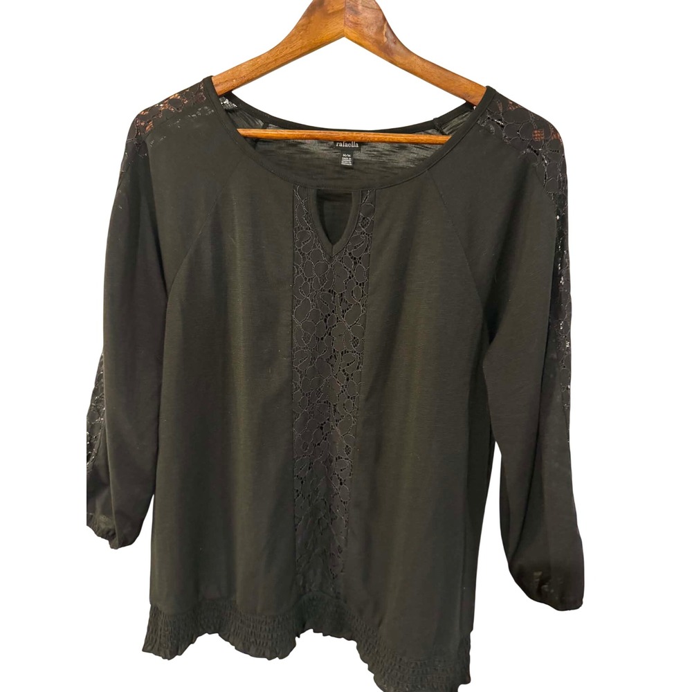 Rafaella Lace Panel Blouse Womens Medium Black Excellent Keyhole Smocked Hem Top